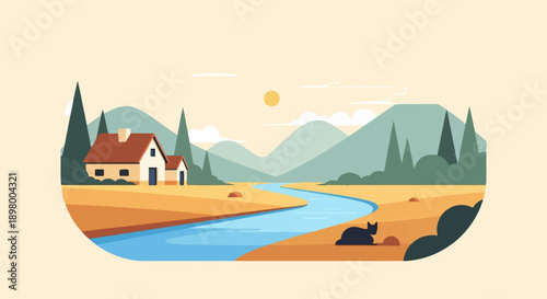 Peaceful rural scene with a winding river, mountains, trees, house, and a cat