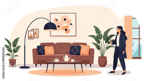 Modern living room interior with a woman walking past a comfortable brown sofa coffee table and large floor lamp.