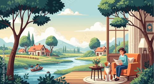 Peaceful riverside scene with a woman reading and a dog by her side