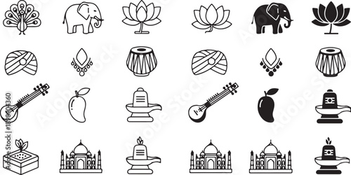A diverse collection of cultural symbols and objects from india isolated on white background, illustration