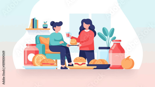 People sharing food and drinks indoors, cozy, casual, flat design