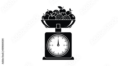 Simple black and white kitchen scale weighing a bowl full of fresh apples and fruits in a minimalist graphic style.