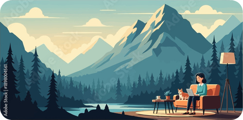 Peaceful remote work scene with a person and dog by a lake and mountains