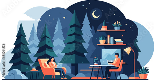 Night forest scene with two people working remotely on laptops and a cozy setup