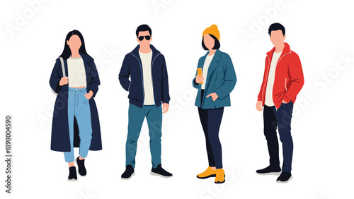 Group of four diverse young people standing together showcasing various modern casual fashion styles and outfits.