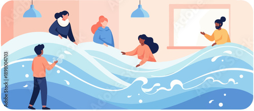 People in a room with flowing water creating waves and splashes