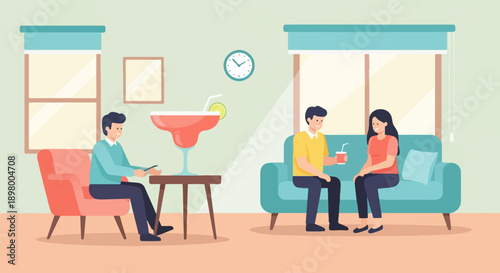 People enjoying drinks and conversation in a living room setting