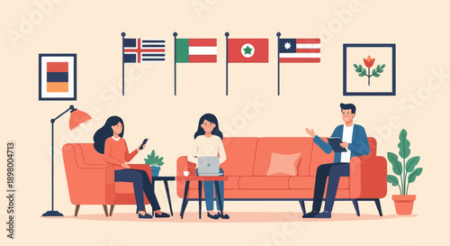 People collaborating and working together in an office with international flags