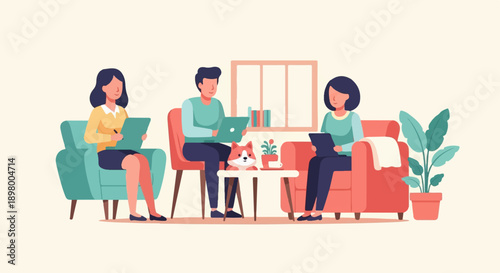 People in a room with dog, plant, and laptops