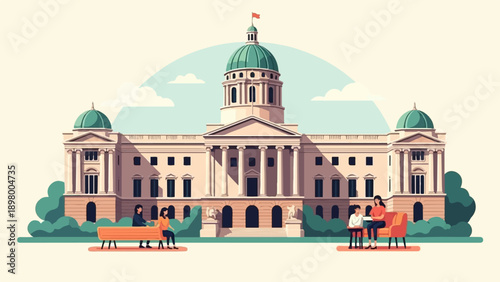 People relax in front of a classical building with green domes under a pale sky