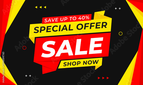 Sale Banner Template with black, red and yellow modern background, Special offer save up to 40%, Suitable for sales promotion, e-commerce, marketing ads, social media, web and page