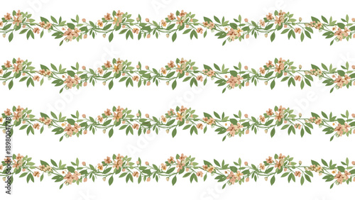 Horizontal borders of green leafy vines with small peach colored flowers repeated against a plain white background.