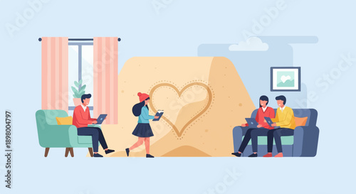 People interacting with technology near a sand art heart