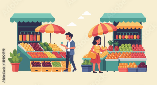 People shopping at colorful fruit stalls with umbrellas overhead