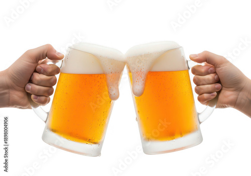 Two hands clinking full beer mugs in a celebratory toast on transparent background