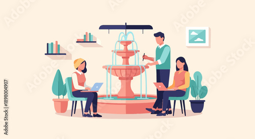 People collaborating around a fountain with laptops and plants