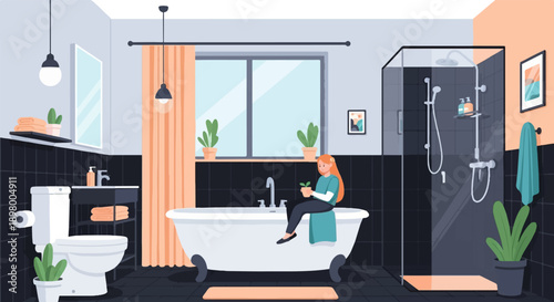 Woman sitting on bathtub holding a plant in a modern bathroom