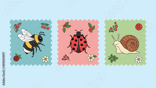 Decorative postage stamps featuring detailed illustrations of a bumblebee a ladybug and a snail with flowers.