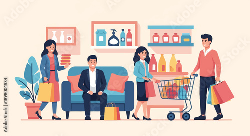 People shopping for groceries, one sitting on couch