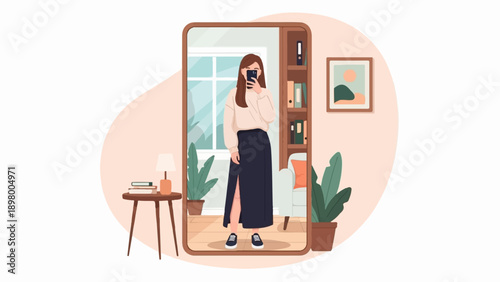 Woman takes a selfie in a mirror in a room with a bookshelf and plants