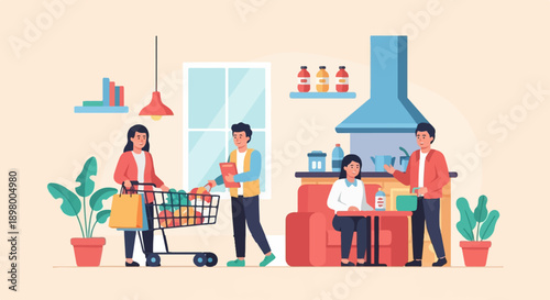 People shopping for groceries and preparing food in a cozy kitchen setting