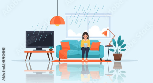 Woman uses tablet on sofa while it rains outside a window