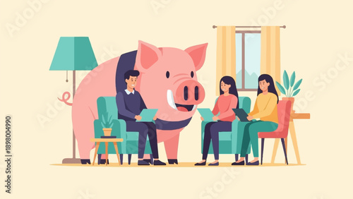 People in a room with a large pig