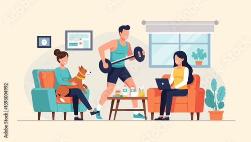 People enjoying fitness, work, and pet care in a modern living room setting