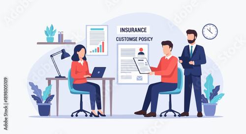 Office meeting with charts, documents, and employees discussing insurance policies