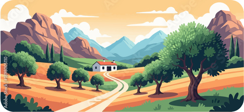 Peaceful countryside scene with a white house amidst rolling hills and trees