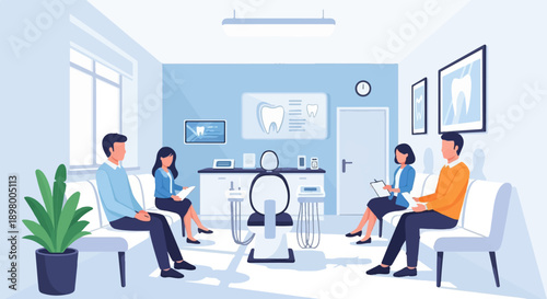 Patients wait in a dental office, seated on white benches