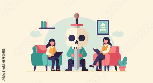 People interacting with a skull figure holding a sword in a room