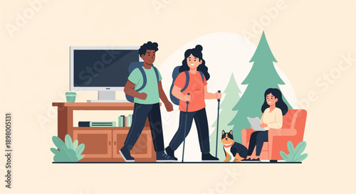 People with backpacks walking and a woman reading in a chair