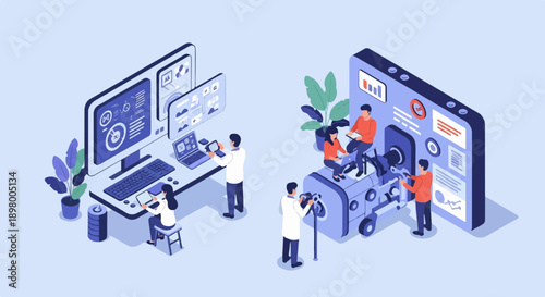 People interacting with advanced technology and data visualization