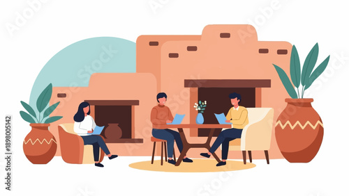 People relax indoors near earthy adobe structures with potted plants