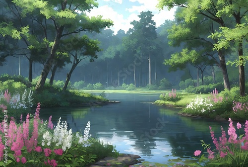 Tranquil forest river with vibrant pink and white flowers along its banks