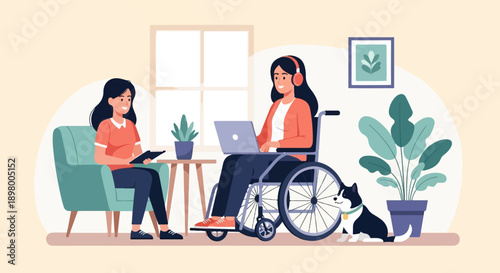 People with a dog and plants in a cozy indoor setting