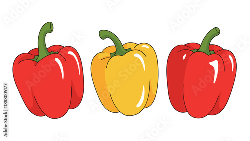 Red and yellow bell peppers are illustrated in a simple cartoon style on a white background, perfect for food themes.