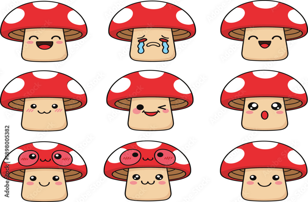Obraz premium Cute Cartoon Mushroom Face Emoji Illustration Set with Funny Expressions for Stickers, Kids Apps, Chat Icons, Games, and Playful Character Design