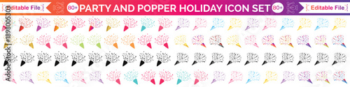 Set confetti party popper icon, fireworks logo, cap, flat design. Vector illustration isolated on white background.