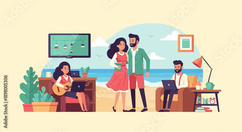 People enjoying leisure and remote work by the beach