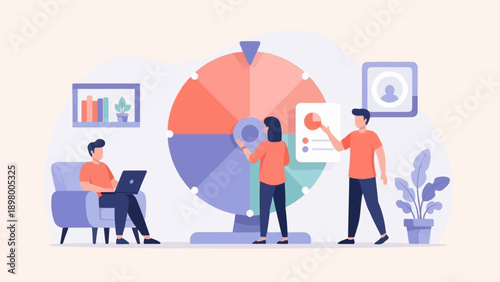 People interacting with a prize wheel and charts in a modern office setting
