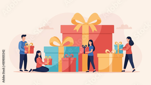 People with colorful gifts wrapped for celebration occasion