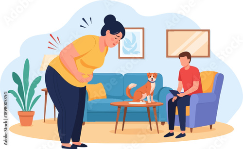 Woman with abdominal pain, a man and dog in a living room