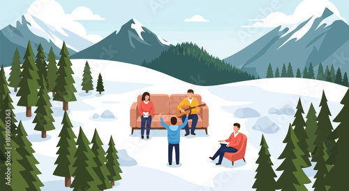 People enjoying music and company on a couch in a snowy mountain landscape