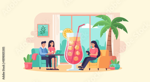 People enjoying refreshments in a relaxed indoor setting with tropical views