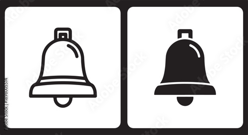 Two black and white bell icons with different shading patterns isolated on white background, illustration