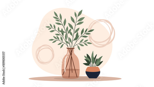 Minimalist botanical illustration features leafy plants in vases against a soft abstract background with warm tones.