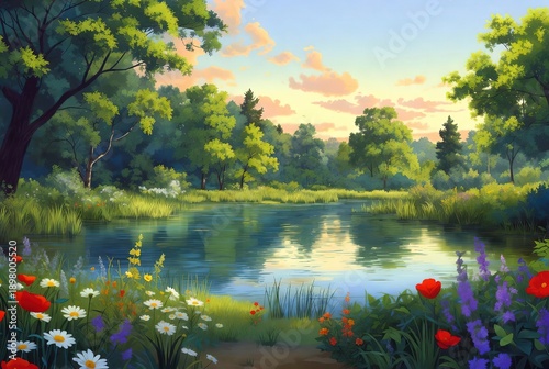 Idyllic forest lake reflecting colorful sunset sky amidst lush green trees and…