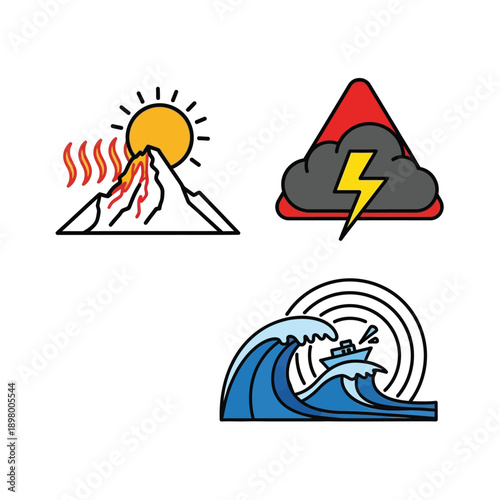 Icons illustrating natural disasters including a volcanic eruption, a severe lightning storm, and a powerful tsunami with a boat.
